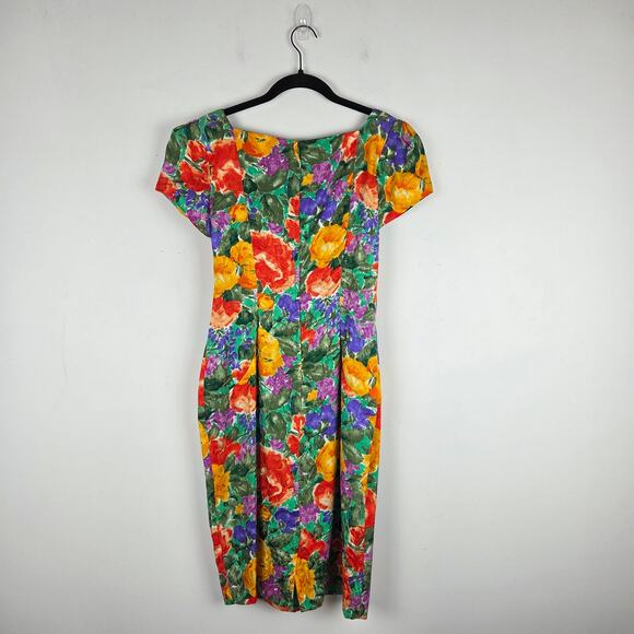 Vtg Gillian Multicolor Floral Silk Midi Cap‎ Sleeve Dress Sz 8 Feminine Garden - Picture 5 of 8